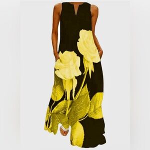 Just Fashion Now Black and Yellow Floral Maxi Dress With Pockets, NWT, Size S